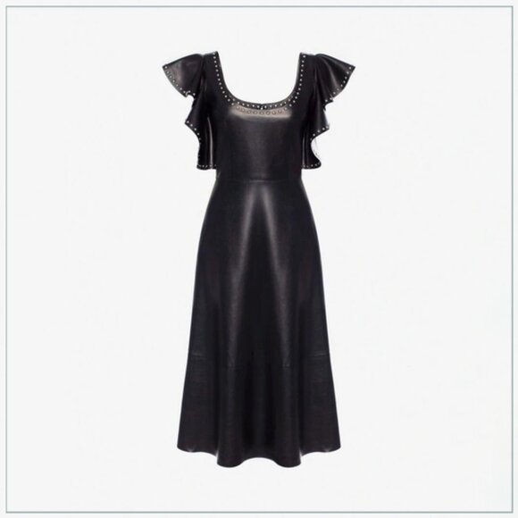 $8990 Alexander McQueen Studded Trim Lamb Leather Ruffle Runway Midi Dress - Picture 2 of 11